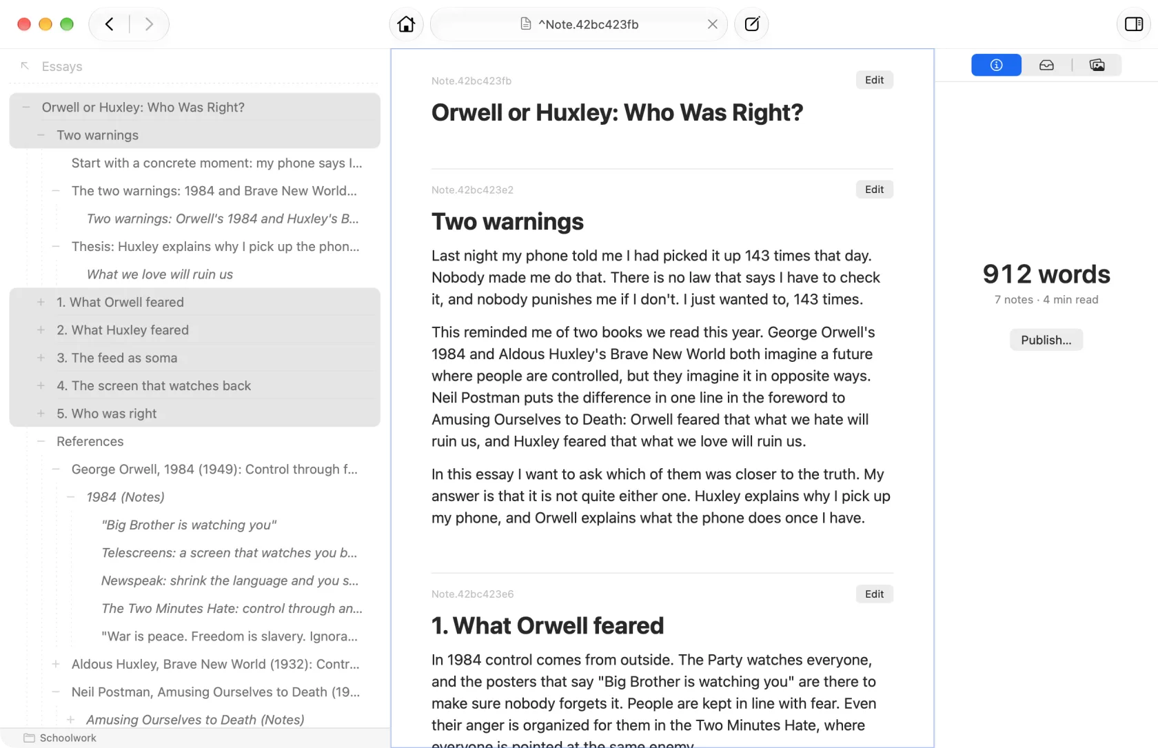 Understory on macOS: an essay outline in the sidebar, with its sections open as one continuous draft.