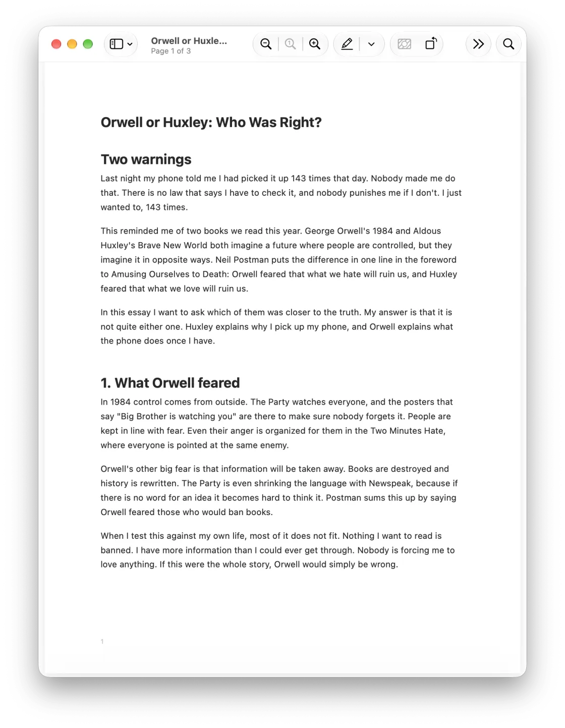 The finished essay published as a PDF, open in Preview.