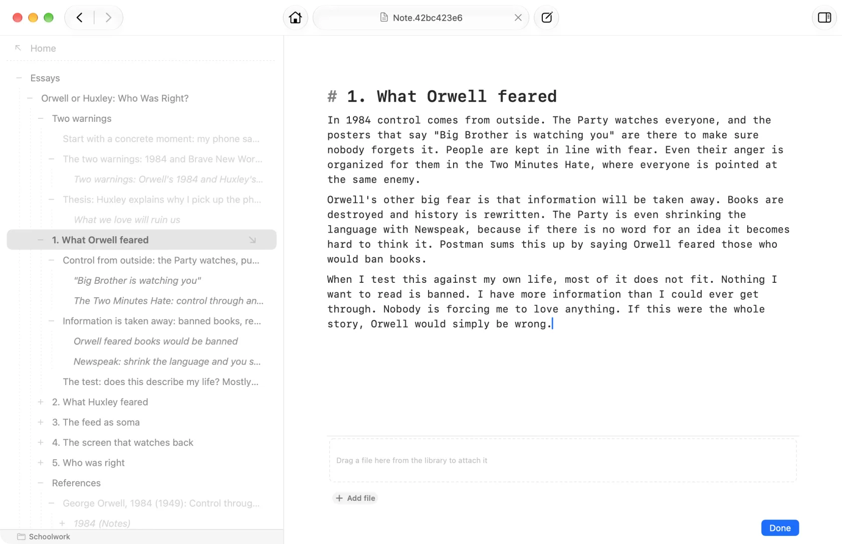 Drafting one section of the essay in Markdown, with its supporting notes listed in the sidebar.